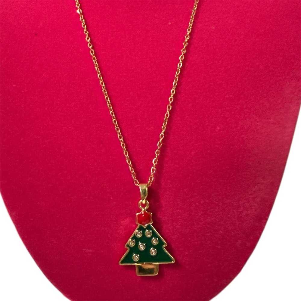 Christmas Tree Necklace Stainless Steel Gold tone and Teal Jewelry travel case
